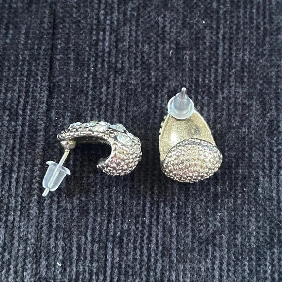 Crystal Rhinestone Encrusted Silver Enamel  Huggie Earrings - Picture 5 of 6